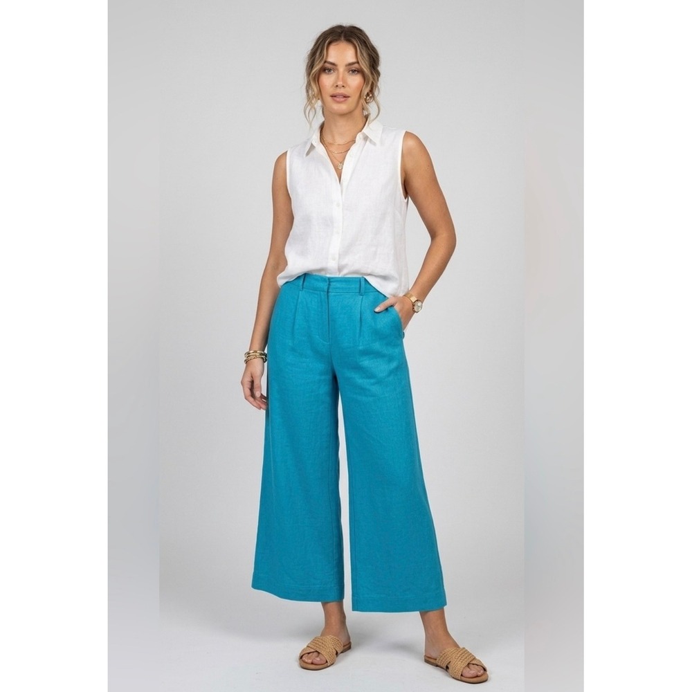 YFB Turquoise Blue High Waisted Wide Leg Linen Blend Pleated Culotte Pants